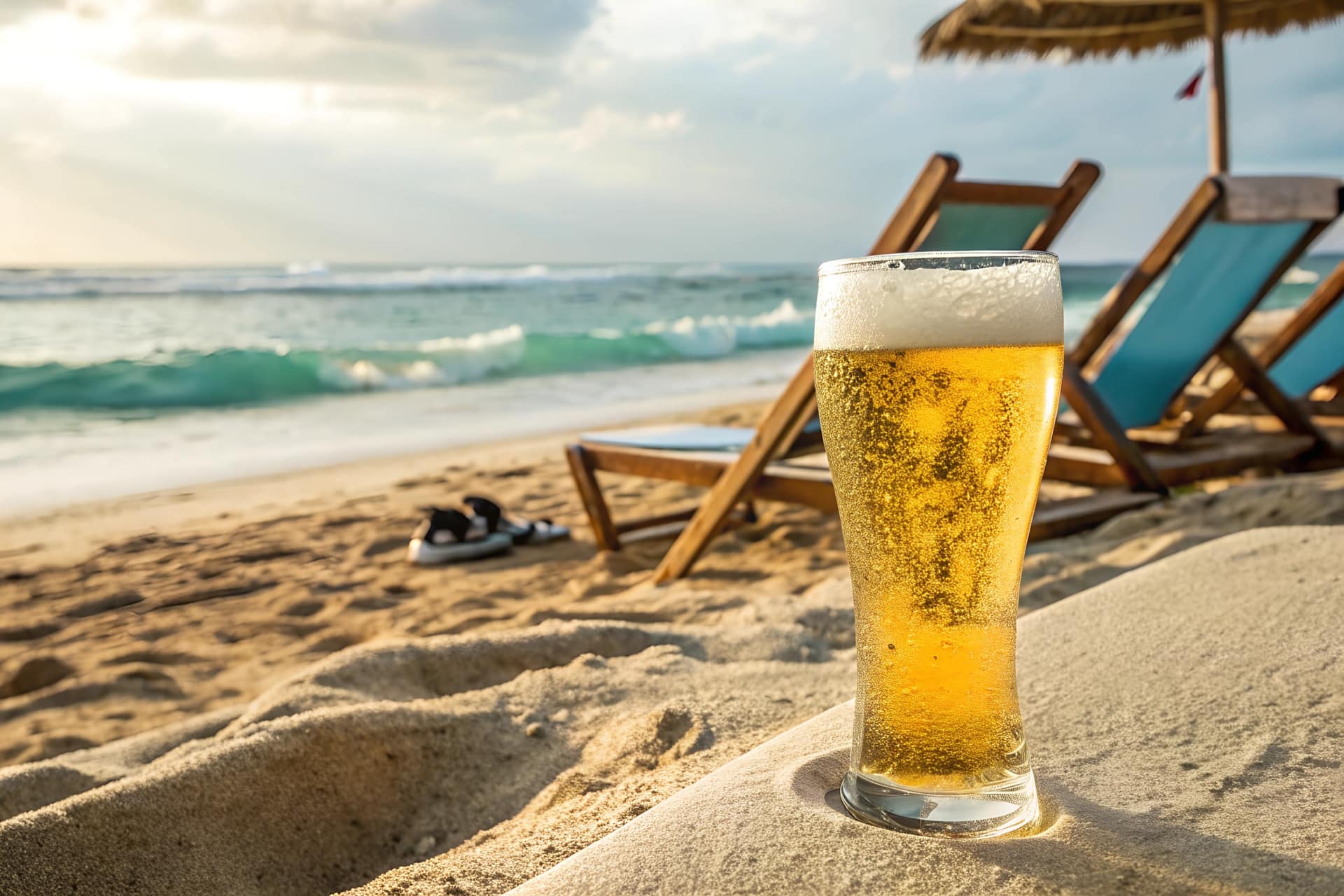 A cold beer on a Caribbean beach with deck chairs