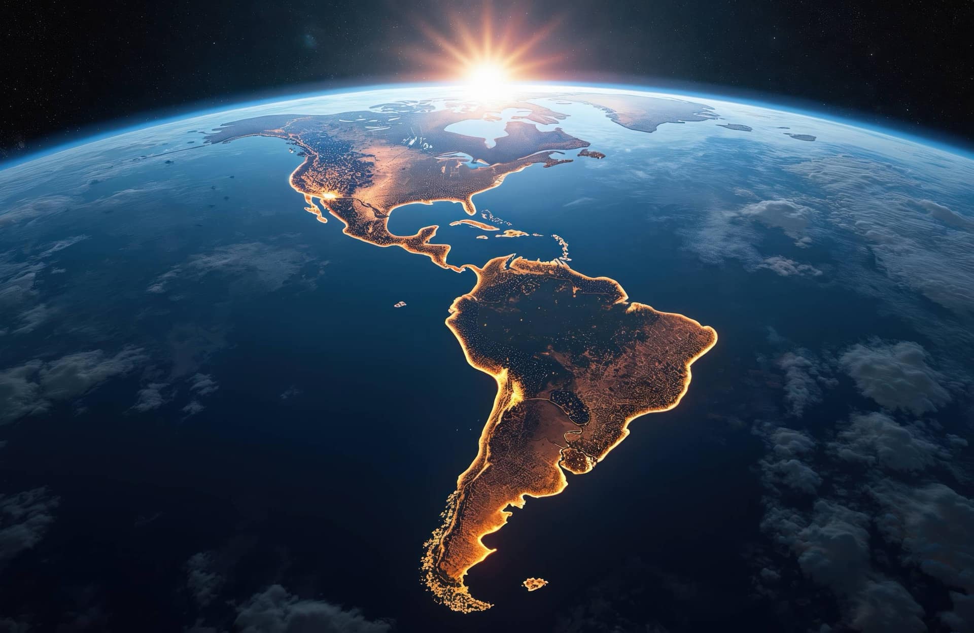 Latin America and the Caribbean seen from space at sunrise