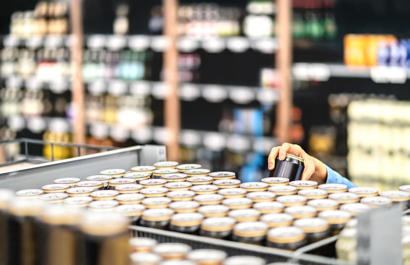 Hand picking a beer can from a retail shelf