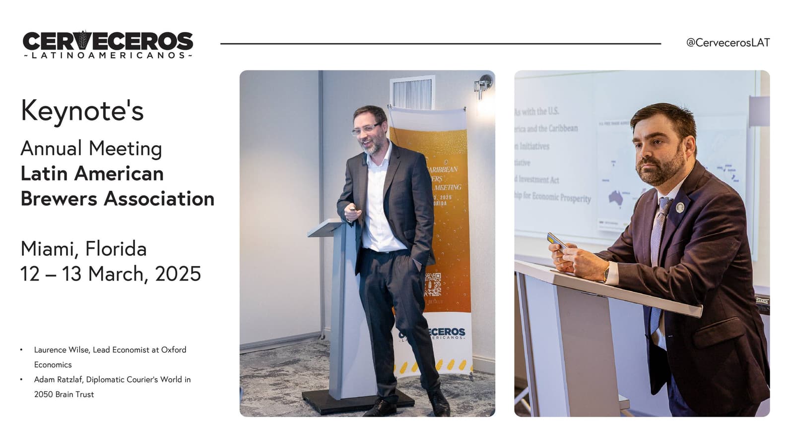 Economistas laurence wilse (oxford economics) y adam ratzlaf (diplomatic courier) analizando perspectivas económicas tendencias políticas para la industria cervecera durante reunión anual 2025 en miami #economíacervecera #análisisregional