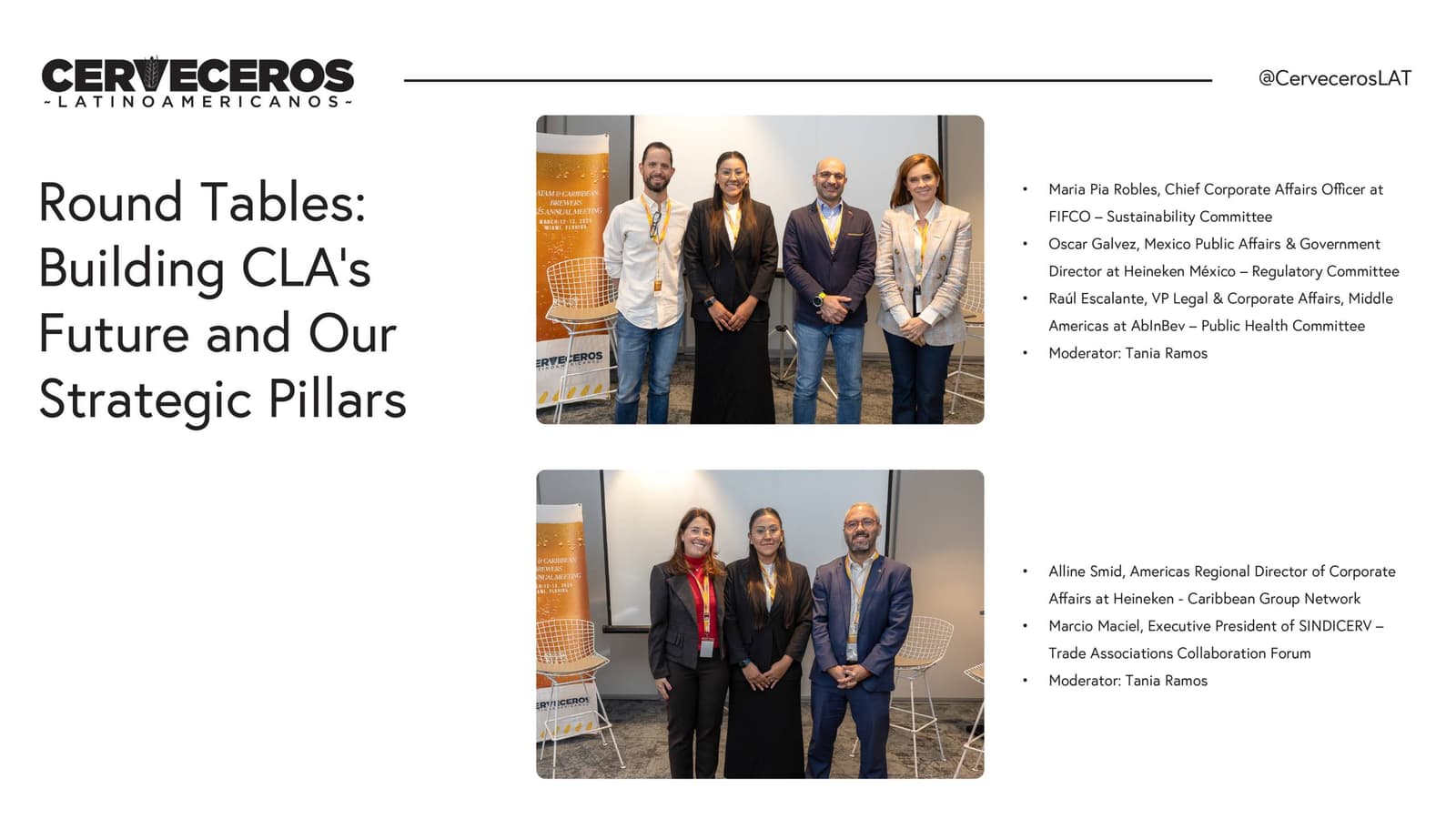 Líderes de pilares estratégicos: panelistas cerveceros latinoamericanos representando los comités sostenibilidad, regulación, salud pública, red caribeña y foro asociaciones durante mesas redondas sobre el futuro la industria cervecera regional #pilaresestratégicos #colaboracióncervecera