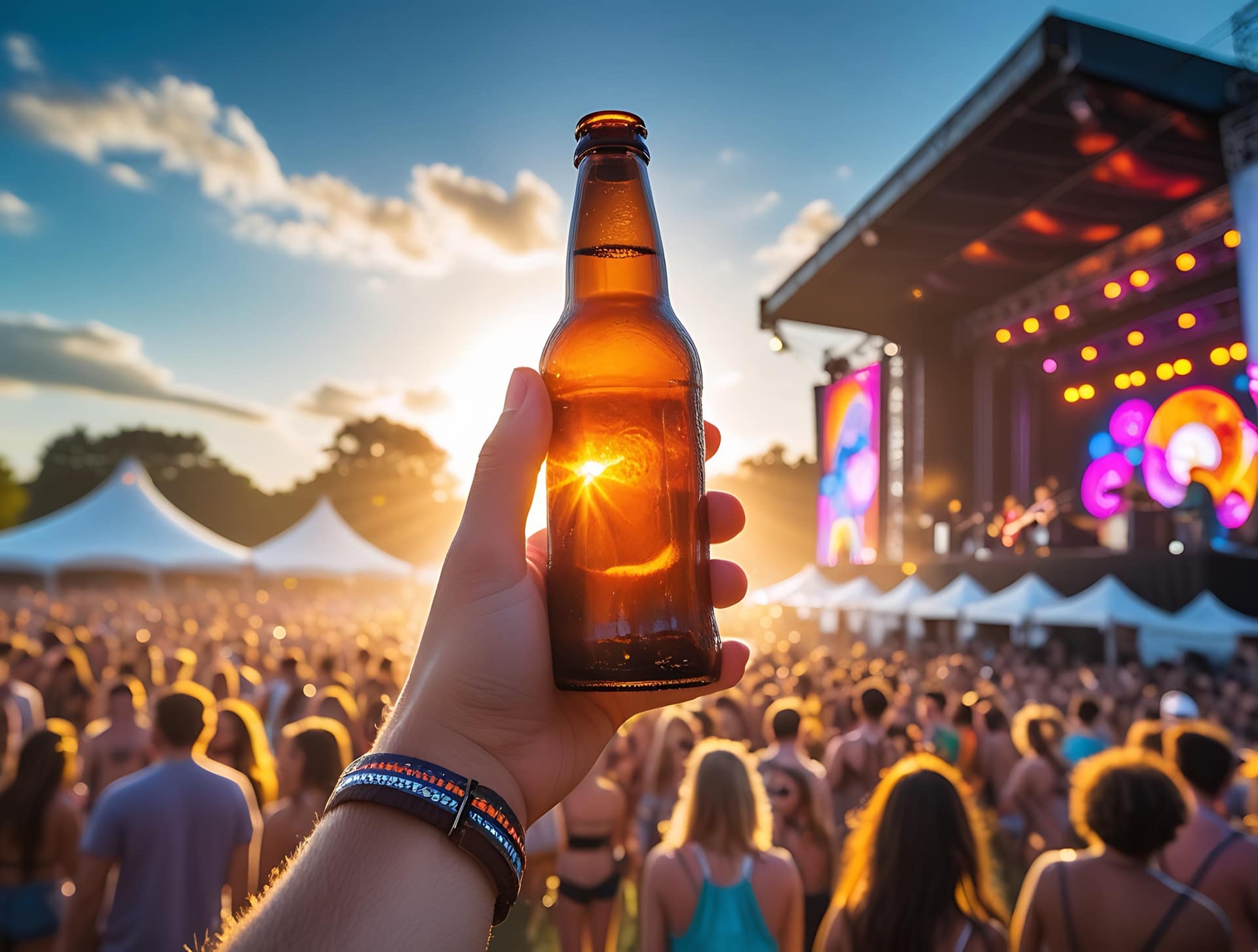 Mano levantando una botella de cerveza en un festival al atardecer