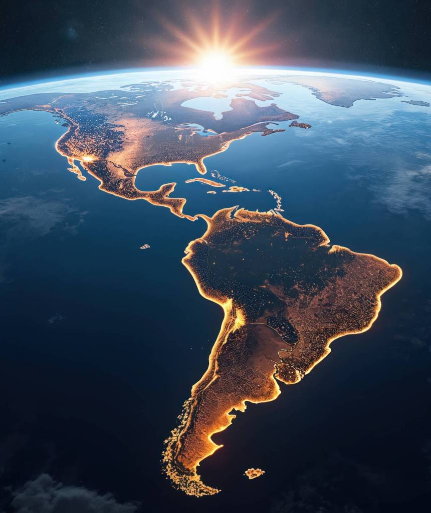 Sunrise view from space over South America. Continents massive forest cover highlighted by city lights. Earth seen from afar with sunrise stars in dark sky. Massive forest shows in eco-tourism